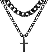 APSVO Layered Black Cross Necklaces for Men Boys Stainless Steel Cuban Figaro Pendant Chain Set Religious Christian Birthday First Communion Graduation Fathers Day Jewelry Gifts Him Teen Dad Kids