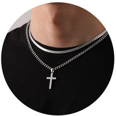 APSVO Layered Black Cross Necklaces for Men Boys Stainless Steel Cuban Herringbone Pendant Chain Set Religious Christian Birthday First Communion Graduation Fathers Day Jewelry Gifts Teen Him Dad Kid