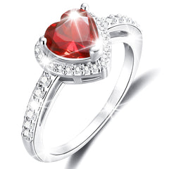 APSVO 18K White Gold Plated Love Heart Rings for Women Girls S925 Sterling Silver CZ January Birthstone Ring with Red Garnet Eternity Promise Band Wedding Birthday Jewelry Gifts Teen Mom Kids Ideas