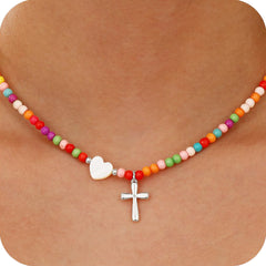 APSVO Love Heart Cross Necklaces for Girls Women Colourful Beaded Chain Pendant Stuff Catholic Religious Christian Birthday Jewelry Gifts Ideas Teen Tween Preteen Daughter Kids Age 7 8 9 10 11 12 13