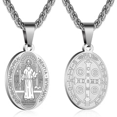 APSVO Black Saint St Benedict Necklace for Men Boys Stainless Steel Medal Pendant Chain Amulet Christian Religious Catholic Exorcism Protection Birthday Jewelry Gifts Ideas Dad Son Teen Kids Age