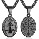 APSVO Black Saint St Benedict Necklace for Men Boys Stainless Steel Medal Pendant Chain Amulet Christian Religious Catholic Exorcism Protection Birthday Jewelry Gifts Ideas Dad Son Teen Kids Age