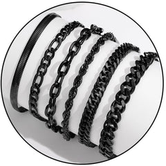 APSVO 6 Pcs Black Bracelets for Men Boys Women Stainless Steel Cuban Link Curb Rope Paperclip Figaro Herringbone Chain Bracelets Set Birthday Jewelry Gifts Ideas Teen Kids Age 6.5/7/7.5/8.3/9 Inches