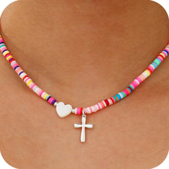 APSVO Love Heart Cross Necklaces for Girls Women Colourful Beaded Chain Pendant Stuff Catholic Religious Christian Birthday Jewelry Gifts Ideas Teen Tween Preteen Daughter Kids Age 7 8 9 10 11 12 13