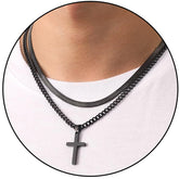 APSVO Layered Black Cross Necklaces for Men Boys Stainless Steel Cuban Herringbone Pendant Chain Set Religious Christian Birthday First Communion Graduation Fathers Day Jewelry Gifts Teen Him Dad Kid