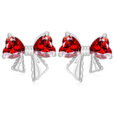 APSVO 18K White Gold Plated Bow Love Heart Stud Earrings for Women Girls Hypoallergenic CZ S925 Sterling Silver January Birthstone Earrings with Red Garnet Birthday Jewelry Gifts Ideas Teen Mom Kids