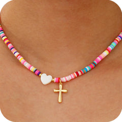APSVO Love Heart Cross Necklaces for Girls Women Colourful Beaded Chain Pendant Stuff Catholic Religious Christian Birthday Jewelry Gifts Ideas Teen Tween Preteen Daughter Kids Age 7 8 9 10 11 12 13