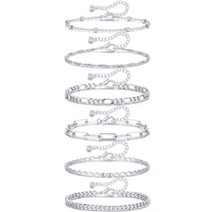 APSVO 6 Pcs Sterling Silver Plated Ankle Bracelets for Women Cuban Figaro Paperclip Singapore Satellite Mirror Anklet Set Birthday Graduation Mothers Day Jewelry Gifts Teen Her Mom Wife Age Ideas