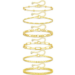 APSVO 6 Pcs Sterling Silver Plated Ankle Bracelets for Women Cuban Figaro Paperclip Singapore Satellite Mirror Anklet Set Birthday Graduation Mothers Day Jewelry Gifts Teen Her Mom Wife Age Ideas
