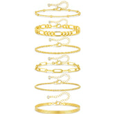 APSVO 6 Pcs 18K Gold Plated Bracelets for Women Box Satellite Figaro Paperclip Herringbone Rope Stackable Bracelet Set Birthday Graduation Mothers Day Jewelry Gifts Teen Her Mom Wife Ideas