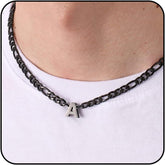APSVO Initial A-Z Black Figaro Link Chain Necklaces for Men boys Stainless Steel Letter Pendant Chain Birthday Jewelry Gifts Ideas Dad Husband Tween Son Boyfriend Preteen Brother Teen Kids Age