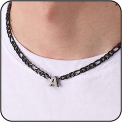 APSVO Initial A-Z Black Figaro Link Chain Necklaces for Men boys Stainless Steel Letter Pendant Chain Birthday Jewelry Gifts Ideas Dad Husband Tween Son Boyfriend Preteen Brother Teen Kids Age