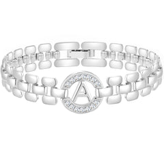 APSVO 18K White Gold Plated Initial Charm Bracelets for Women Cubic Zirconia Watch Bangle Wrist Silver Letter A Chain Bracelet Birthday Jewelry Gifts Mom Teen Tween Girlfriend Wife Daughter Ideas
