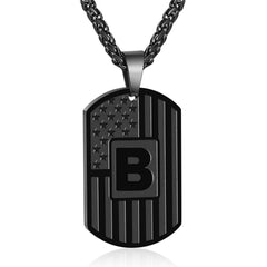 APSVO Black Initial Necklaces for Men Boys Stainless Steel American Flag Dog Tag Letter A Pendent Chain Birthday Christmas Jewelry Gifts Teen Boyfriend Son Dad Adults Stocking Stuffers for Kids Age