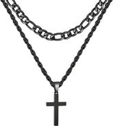 APSVO Layered Black Cross Necklaces for Men Boys Stainless Steel Figaro Twist Rope Pendant Chain Necklaces Set Religious Christian Birthday Jewelry Gifts Ideas Dad Husband Tween Son Teen Kids Age