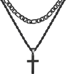 APSVO Layered Black Cross Necklaces for Men Boys Stainless Steel Figaro Twist Rope Pendant Chain Necklaces Set Religious Christian Birthday Jewelry Gifts Ideas Dad Husband Tween Son Teen Kids Age