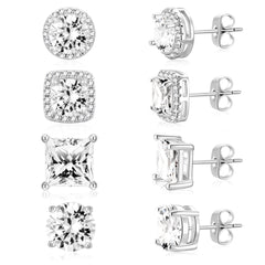 APSVO 4 Pairs 18K White Gold Plated Halo Stud Earrings for Women Men CZ Hypoallergenic Post S925 Sterling Silver Earrings Set Wedding Birthday Jewelry Gifts Ideas Mom Wife Bride Boyfriend Husband