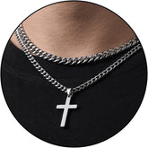 APSVO Layered Silver Cross Necklace for Men boys kid Stainless Steel Layered Cuban Link Chain Cross Pendant Necklaces Set,Religious Jewelry Gifts