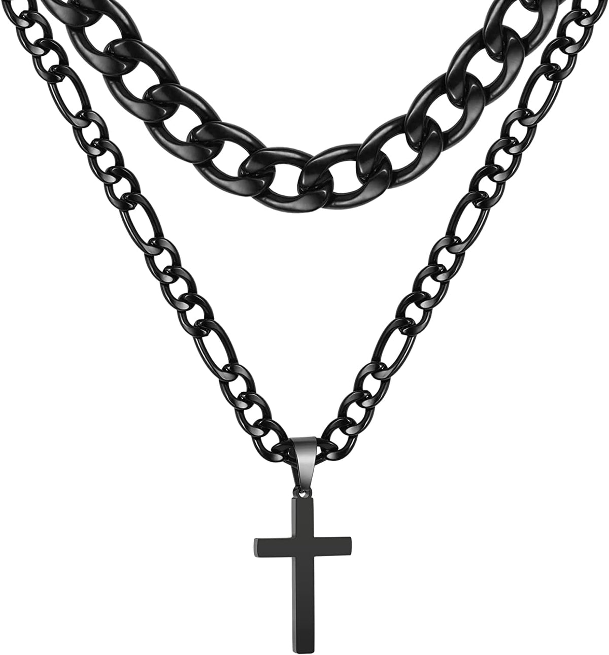 APSVO Layered Black Cross Necklaces for Men Boys Stainless Steel Cuban Figaro Pendant Chain Set Religious Christian Birthday First Communion Graduation Fathers Day Jewelry Gifts Him Teen Dad Kids