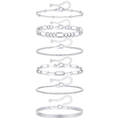 APSVO 6 Pcs 18K Gold Plated Bracelets for Women Box Satellite Figaro Paperclip Herringbone Rope Stackable Bracelet Set Birthday Graduation Mothers Day Jewelry Gifts Teen Her Mom Wife Ideas