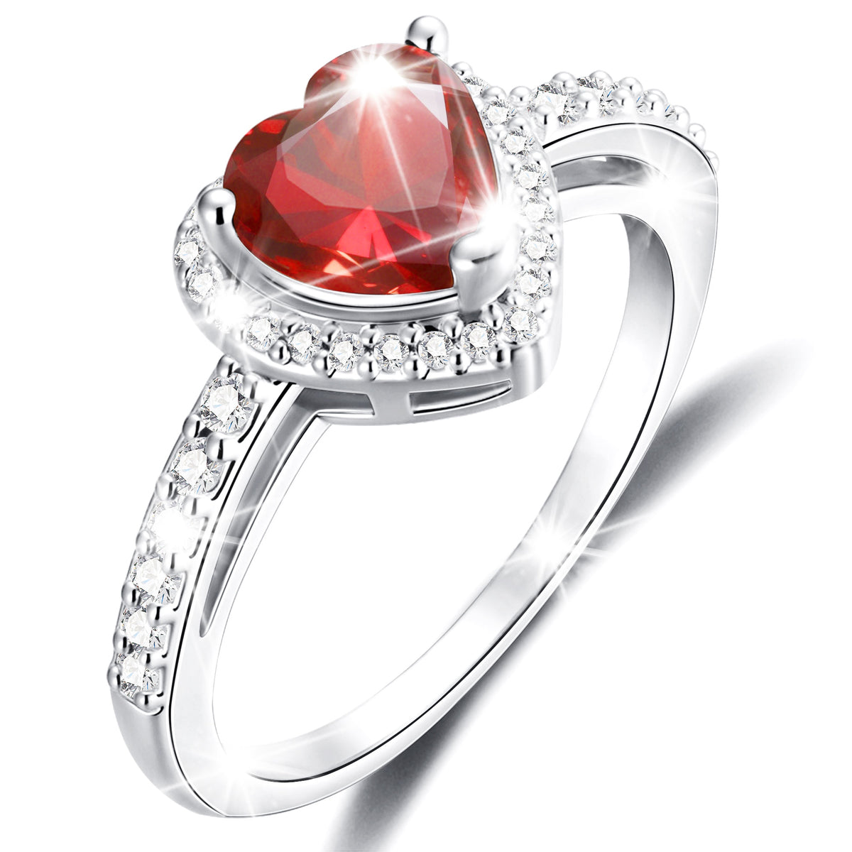 APSVO 18K White Gold Plated Love Heart Rings for Women Girls S925 Sterling Silver CZ January Birthstone Ring with Red Garnet Eternity Promise Band Wedding Birthday Jewelry Gifts Teen Mom Kids Ideas