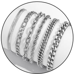 APSVO 6 Pcs Black Bracelets for Men Boys Women Stainless Steel Cuban Link Curb Rope Paperclip Figaro Herringbone Chain Bracelets Set Birthday Jewelry Gifts Ideas Teen Kids Age 6.5/7/7.5/8.3/9 Inches