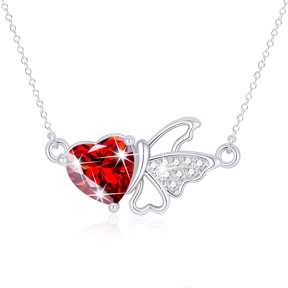 APSVO S925 Sterling Silver Plated Butterfly Love Heart Necklaces for Women Girls January Birthstone Pendant with Red Garnet Birthday Graduation Jewelry Gifts Teen Mom Her Adult Wife Kids
