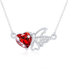 APSVO S925 Sterling Silver Plated Butterfly Love Heart Necklaces for Women Girls January Birthstone Pendant with Red Garnet Birthday Graduation Jewelry Gifts Teen Mom Her Adult Wife Kids