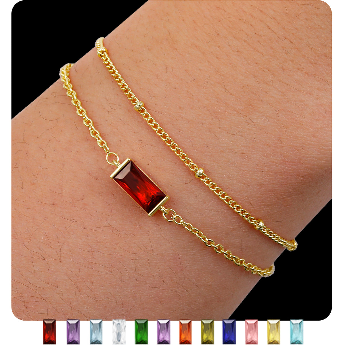 LUNVKY 2 Pcs 18K Gold Plated Bracelets for Women Girls Stackable Layered CZ January Birthstone Bracelets with Red Garnet Birthday Graduation Jewelry Gifts Teen Her Mom Wife Adults Kids Ideas