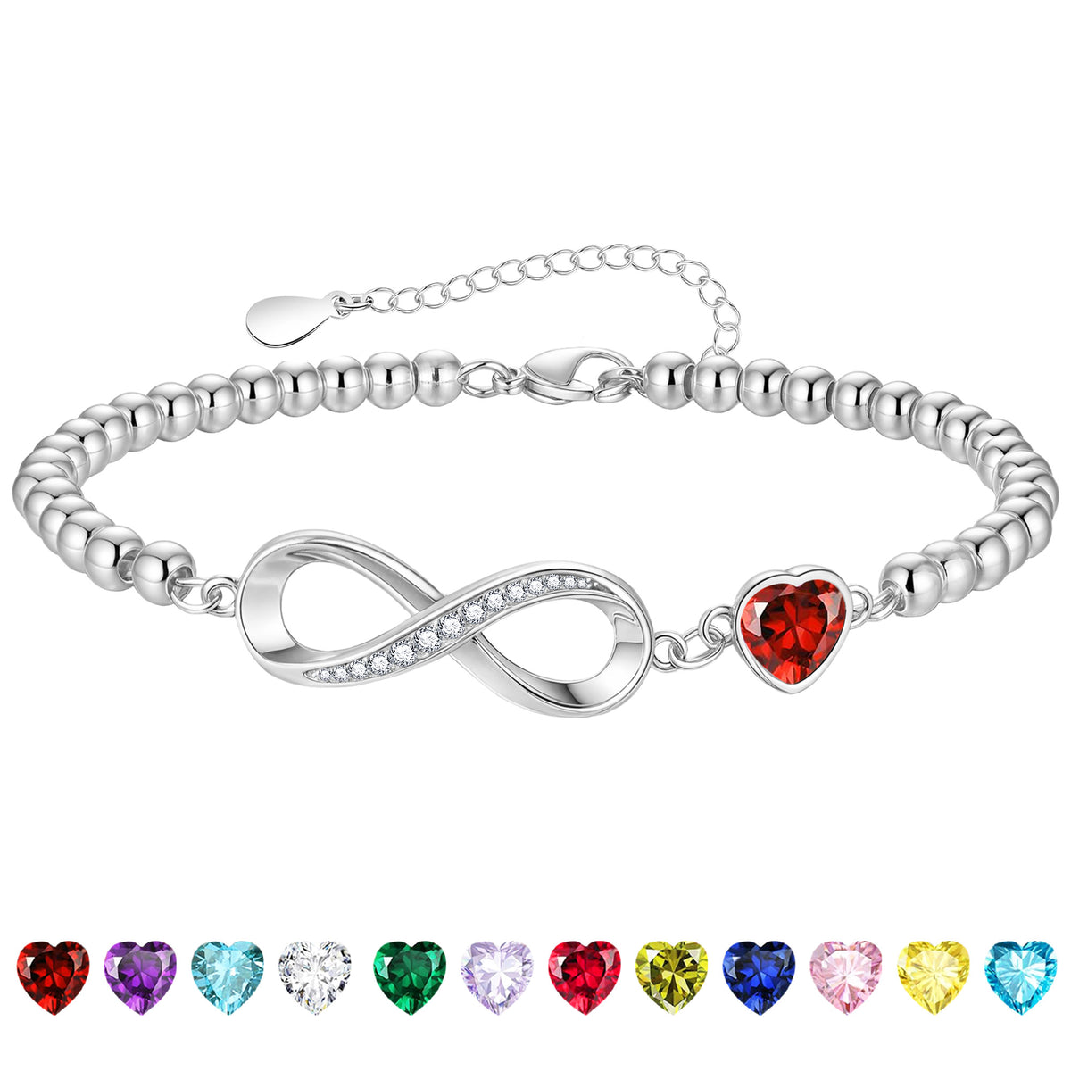 LUNVKY S925 Sterling Silver Plated Infinity Love Heart Beaded Bracelets for Women CZ January Birthstone Bracelets with Red Garnet Birthday Graduation Jewelry Gifts Teen Her Adults Ideas