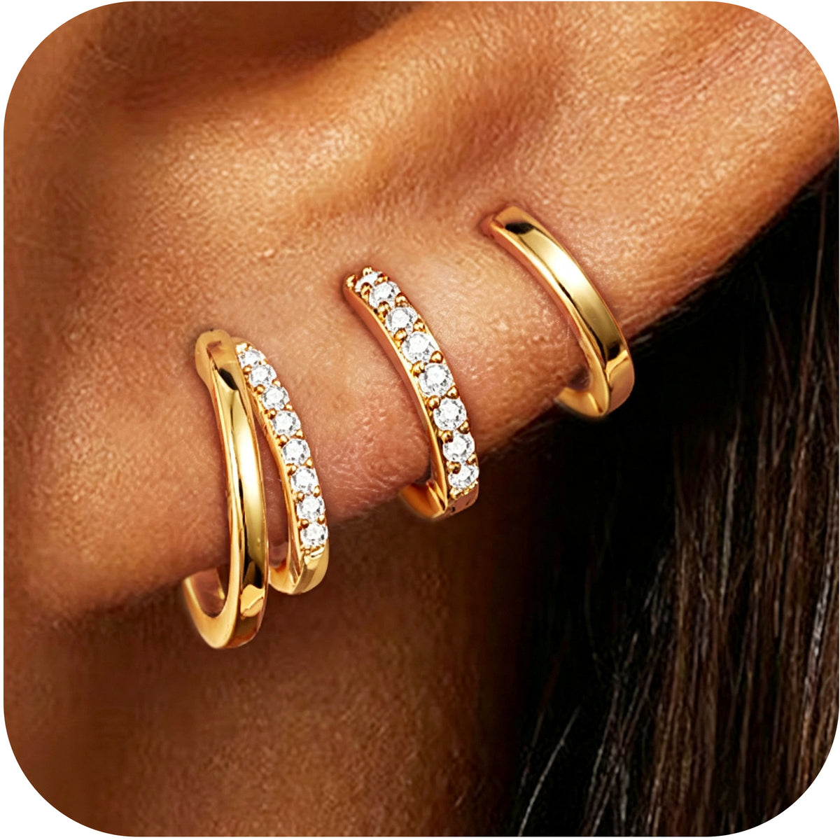 LUNVKY 3 Pairs 18K Gold Plated Hoop Earrings for Women CZ Small Huggie Cartilage Post Hypoallergenic Earrings Set for Multiple Piercing Birthday Graduation Mothers Day Jewelry Gifts Her Teen Mom