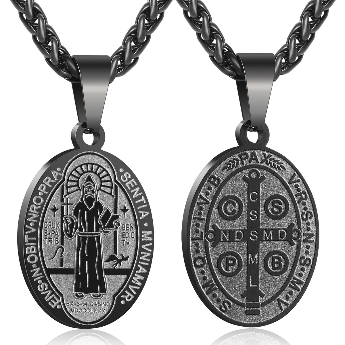 APSVO Black Saint St Benedict Necklace for Men Boys Stainless Steel Medal Pendant Chain Amulet Christian Religious Catholic Exorcism Protection Birthday Jewelry Gifts Ideas Dad Son Teen Kids Age