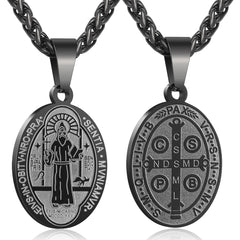 APSVO Black Saint St Benedict Necklace for Men Boys Stainless Steel Medal Pendant Chain Amulet Christian Religious Catholic Exorcism Protection Birthday Jewelry Gifts Ideas Dad Son Teen Kids Age