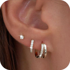 DORANA 3 Pairs 18K White Gold Plated Double Hoop Earrings for Women CZ Hypoallergenic S925 Sterling Silver Post Stud Earring Set Birthday Graduation Mothers Day Jewelry Gifts Teen Her Wife Mom