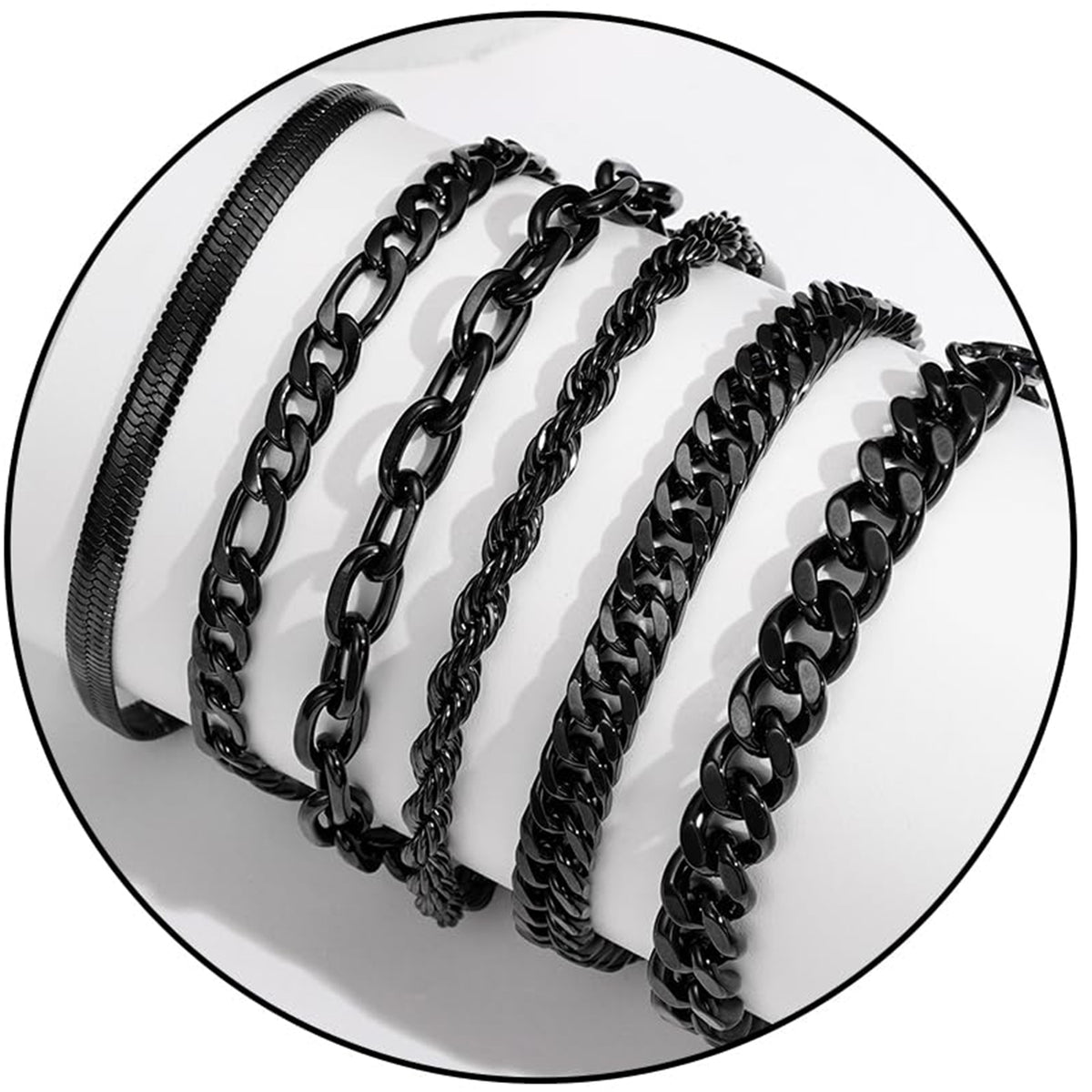 APSVO 6 Pcs Black Bracelets for Men Boys Women Stainless Steel Cuban Link Curb Rope Paperclip Figaro Herringbone Chain Bracelets Set Birthday Jewelry Gifts Ideas Teen Kids Age 6.5/7/7.5/8.3/9 Inches
