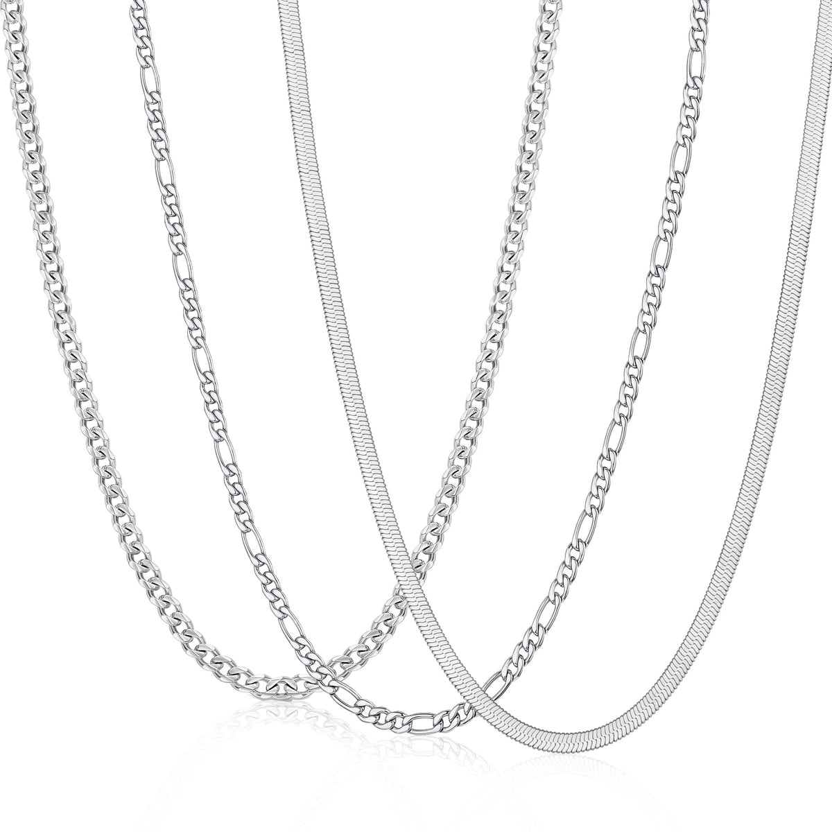 APSVO 3 Pcs Necklaces for Men Stainless Steel Silver Cuban Curb Link Figaro Herringbone Chains Set Paired with Pendants Birthday Jewelry Gifts Ideas Dad Boys Teen Kids Age 16/18/20/22/24 Inch