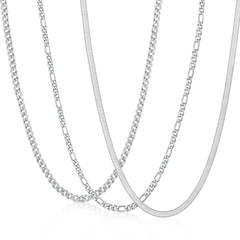 APSVO 3 Pcs Necklaces for Men Stainless Steel Silver Cuban Curb Link Figaro Herringbone Chains Set Paired with Pendants Birthday Jewelry Gifts Ideas Dad Boys Teen Kids Age 16/18/20/22/24 Inch