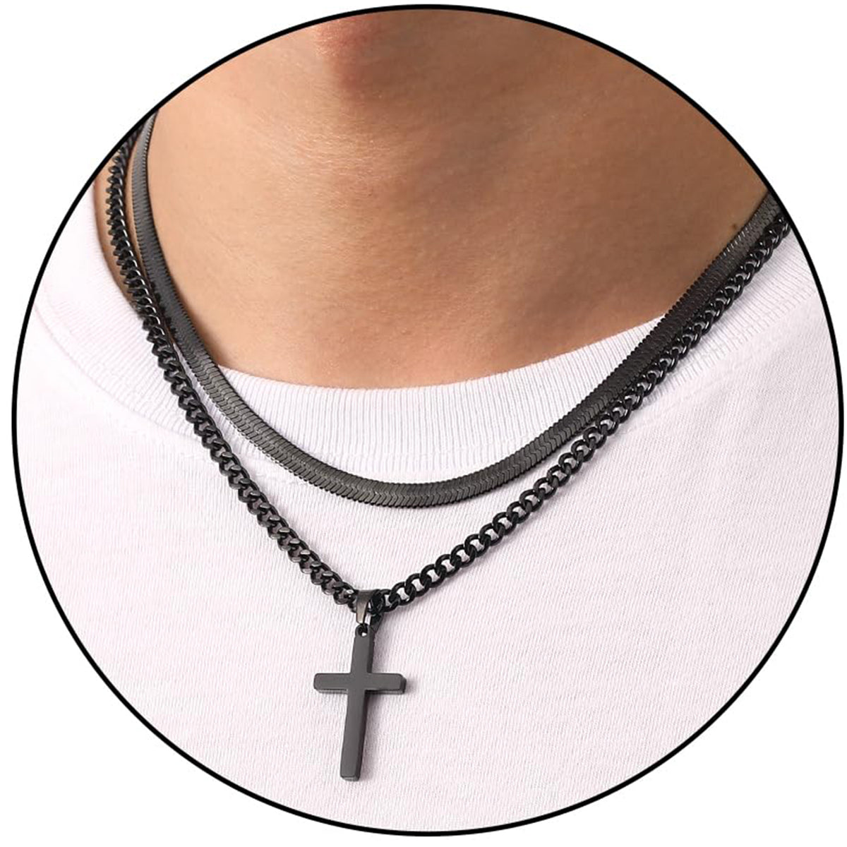 APSVO Layered Black Cross Necklaces for Men Boys Stainless Steel Cuban Herringbone Pendant Chain Set Religious Christian Birthday First Communion Graduation Fathers Day Jewelry Gifts Teen Him Dad Kid