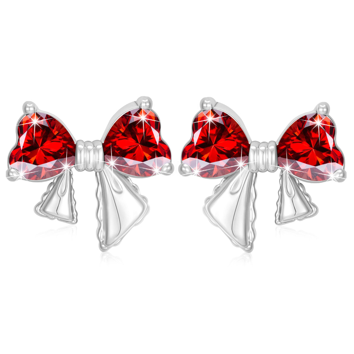 APSVO 18K White Gold Plated Bow Love Heart Stud Earrings for Women Girls Hypoallergenic CZ S925 Sterling Silver January Birthstone Earrings with Red Garnet Birthday Jewelry Gifts Ideas Teen Mom Kids