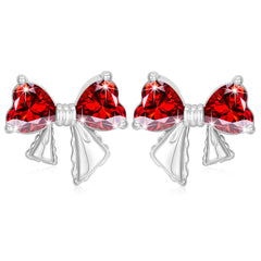 APSVO 18K White Gold Plated Bow Love Heart Stud Earrings for Women Girls Hypoallergenic CZ S925 Sterling Silver January Birthstone Earrings with Red Garnet Birthday Jewelry Gifts Ideas Teen Mom Kids