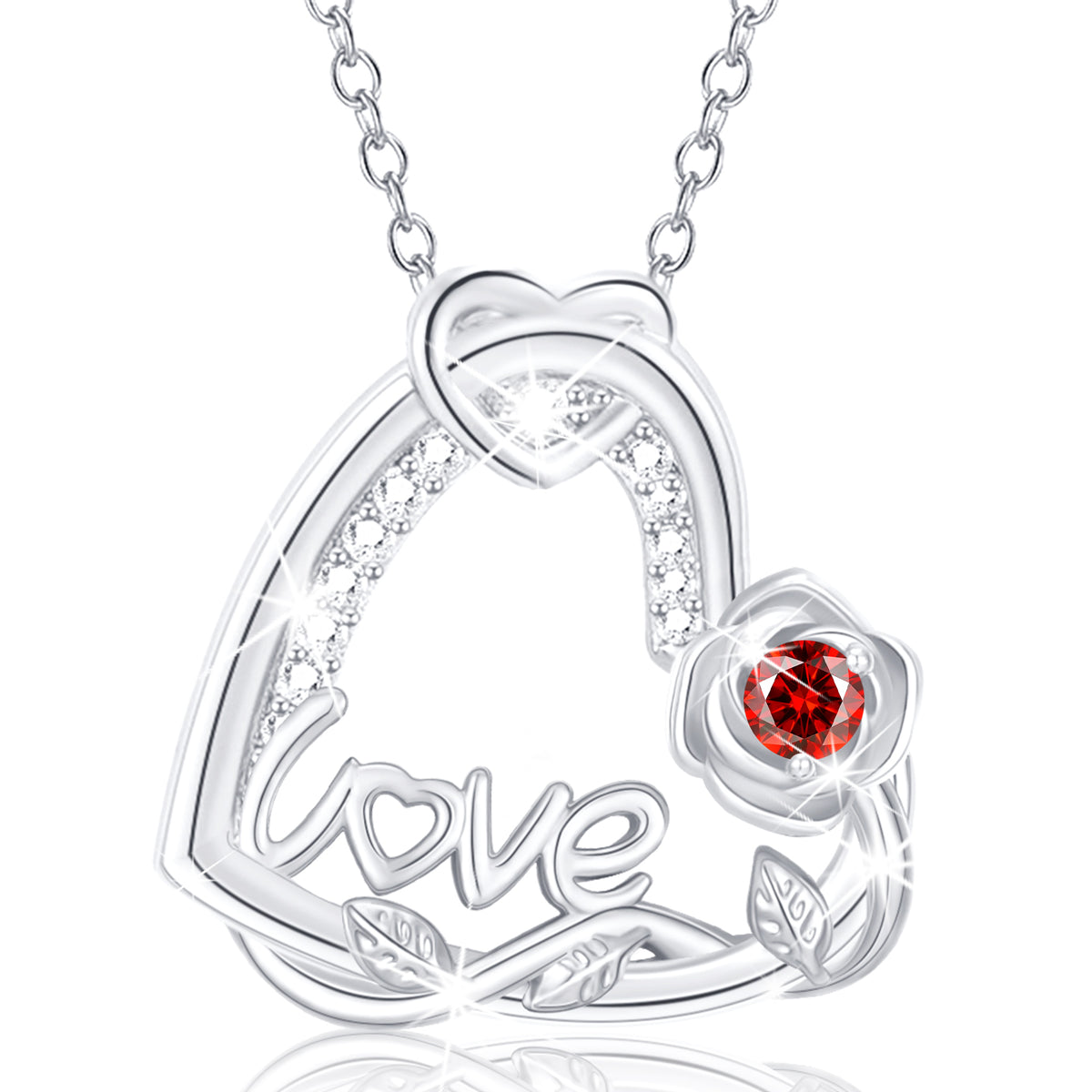 APSVO S925 Sterling Silver Plated Love Heart Rose Necklaces for Women January Birthstone Necklace with Red Garnet Birthday Graduation Jewelry Gifts Teen Her Mom Female Lady Adult Age Ideas
