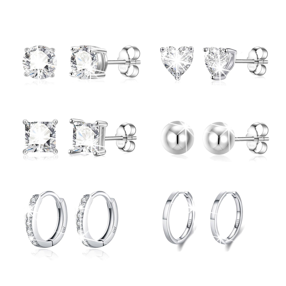 LUNVKY 6 Pairs Stud Earrings for Women Small Hoop S925 Sterling Silver Post Cartilage Hypoallergenic Earring Sets for Multiple Piercing Birthday Valentines Day Jewelry Gifts Teen Girlfriend Wife Her