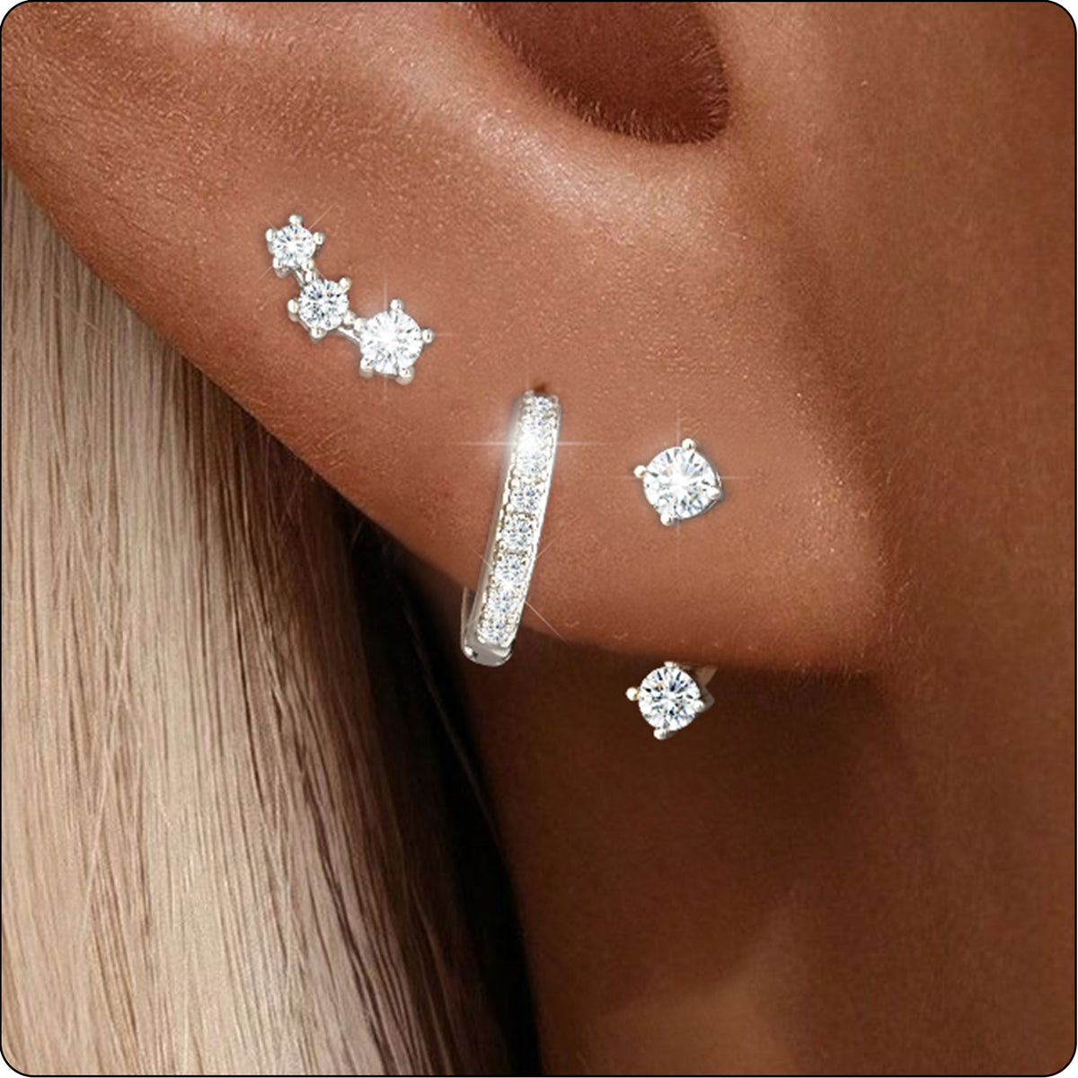 LUNVKY 3 Pairs Stud Earrings for Women Small Huggie Hoop S925 Sterling Silver Post Hypoallergenic Earring Sets for Multiple Piercing Birthday Graduation Jewelry Gifts Teen Her Mom Wife Adults Ideas