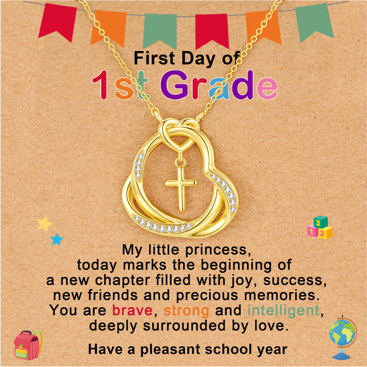 APSVO First Day of 1st Grade Back to School Jewelry Gifts for 18K Gold Plated Love Heart Cross Necklace CZ Pendant Supplies Stuff Accessory Ideas Daughter Granddaughter Age