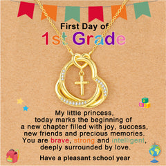 APSVO First Day of 1st Grade Back to School Jewelry Gifts for 18K Gold Plated Love Heart Cross Necklace CZ Pendant Supplies Stuff Accessory Ideas Daughter Granddaughter Age