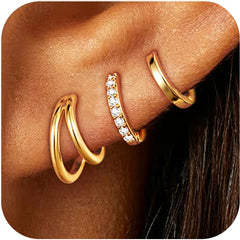 LUNVKY 3 Pairs 18K Gold Plated Hoop Earrings for Women CZ Small Huggie Cartilage Post Hypoallergenic Earrings Set for Multiple Piercing Birthday Graduation Mothers Day Jewelry Gifts Her Teen Mom