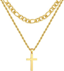APSVO Layered Black Cross Necklaces for Men Boys Stainless Steel Figaro Twist Rope Pendant Chain Necklaces Set Religious Christian Birthday Jewelry Gifts Ideas Dad Husband Tween Son Teen Kids Age