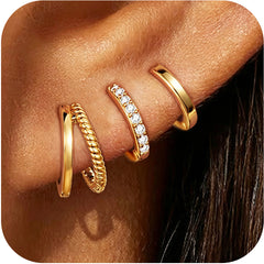 LUNVKY 3 Pairs 18K Gold Plated Hoop Earrings for Women CZ Small Huggie Cartilage Post Hypoallergenic Earrings Set for Multiple Piercing Birthday Graduation Mothers Day Jewelry Gifts Her Teen Mom