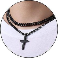 APSVO Layered Silver Cross Necklace for Men boys kid Stainless Steel Layered Cuban Link Chain Cross Pendant Necklaces Set,Religious Jewelry Gifts