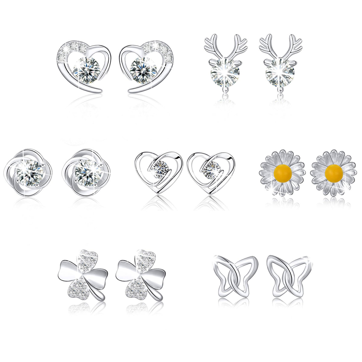 LUNVKY 7 Pairs Stud Earrings for Women CZ Small Cartilage S925 Sterling Silver Post Hypoallergenic Earring Sets for Multiple Piercing Birthday Valentines Day Jewelry Gifts Teen Girlfriend Wife Her
